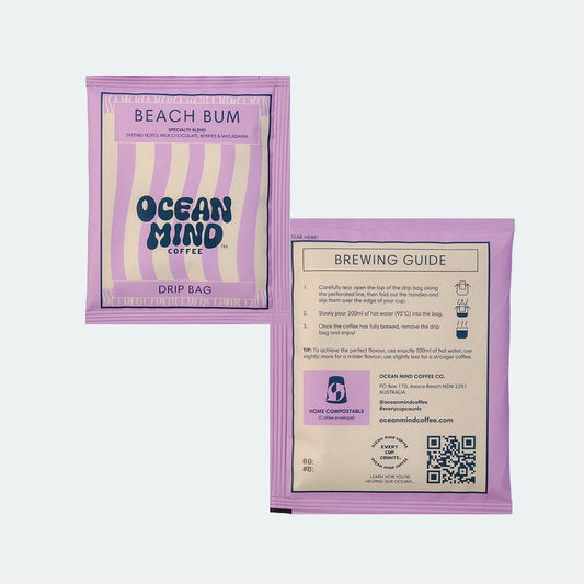 Ocean Mind Coffee 'Beach Bum' drip bag packaging with brewing guide on a white background