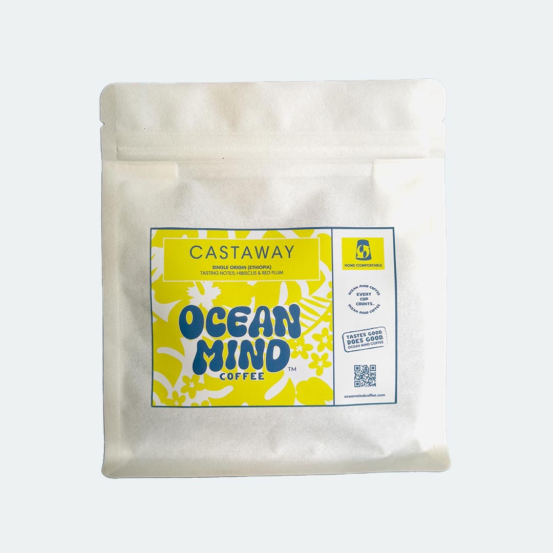 Ocean Mind Coffee 'Castaway' roasted coffee beans in a white bag