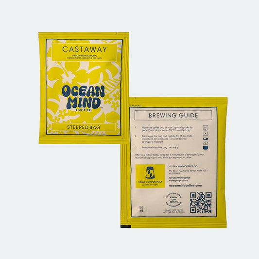 Ocean Mind Coffee 'Castaway' steeped bag packaging with brewing guide on a white background
