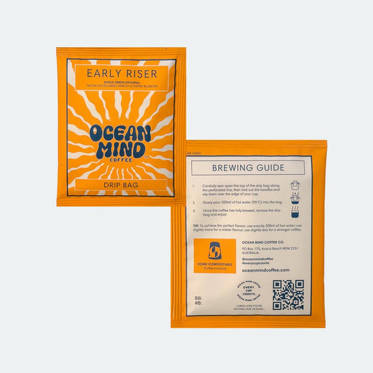 Ocean Mind Coffee 'Early Riser' drip bag packaging with brewing guide on a white background