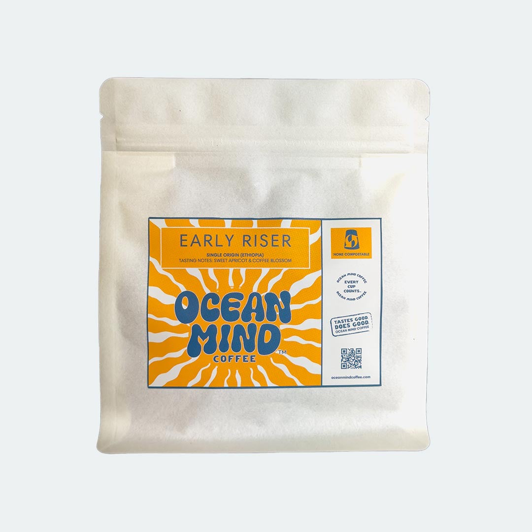 Ocean Mind Coffee 'Early Riser' roasted coffee beans in a white bag