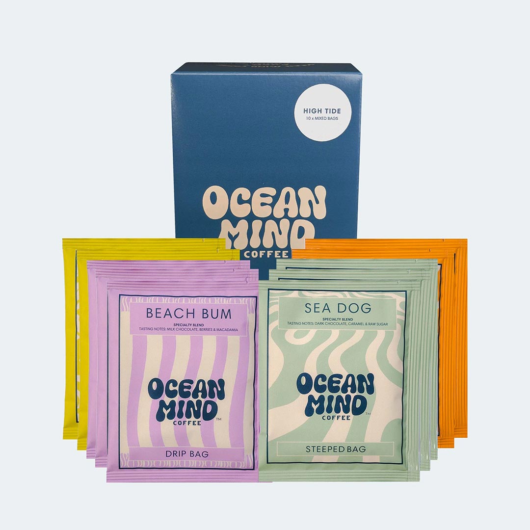 Collection of Ocean Mind Coffee drip bags and steeped bags on a sea mist background