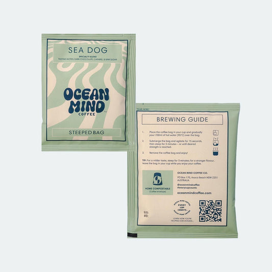 Ocean Mind Coffee 'Sea Dog' steeped bag packaging with brewing guide on a white background