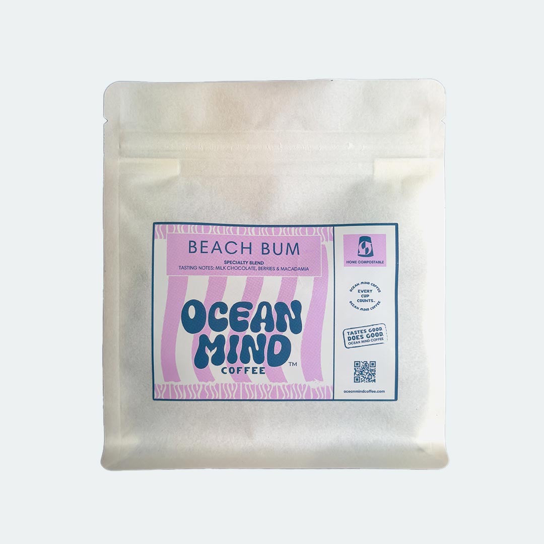Ocean Mind Coffee 'Beach Bum' roasted coffee beans in a white bag