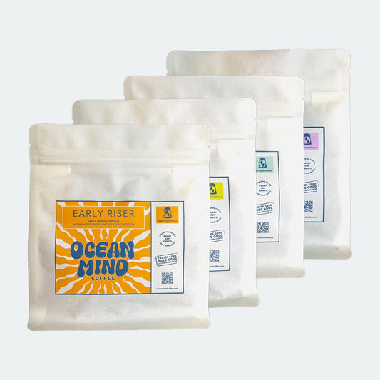 Early Riser coffee beans with 'Ocean Mind Coffee' branding on a sea mist background