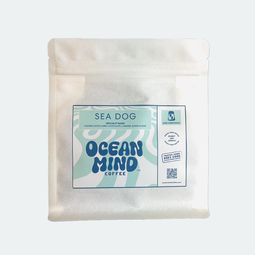 Ocean Mind Coffee 'Sea Dog' roasted coffee beans in a white bag
